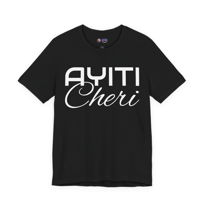 Black t-shirt with 'Ayiti Cheri' text on a white background