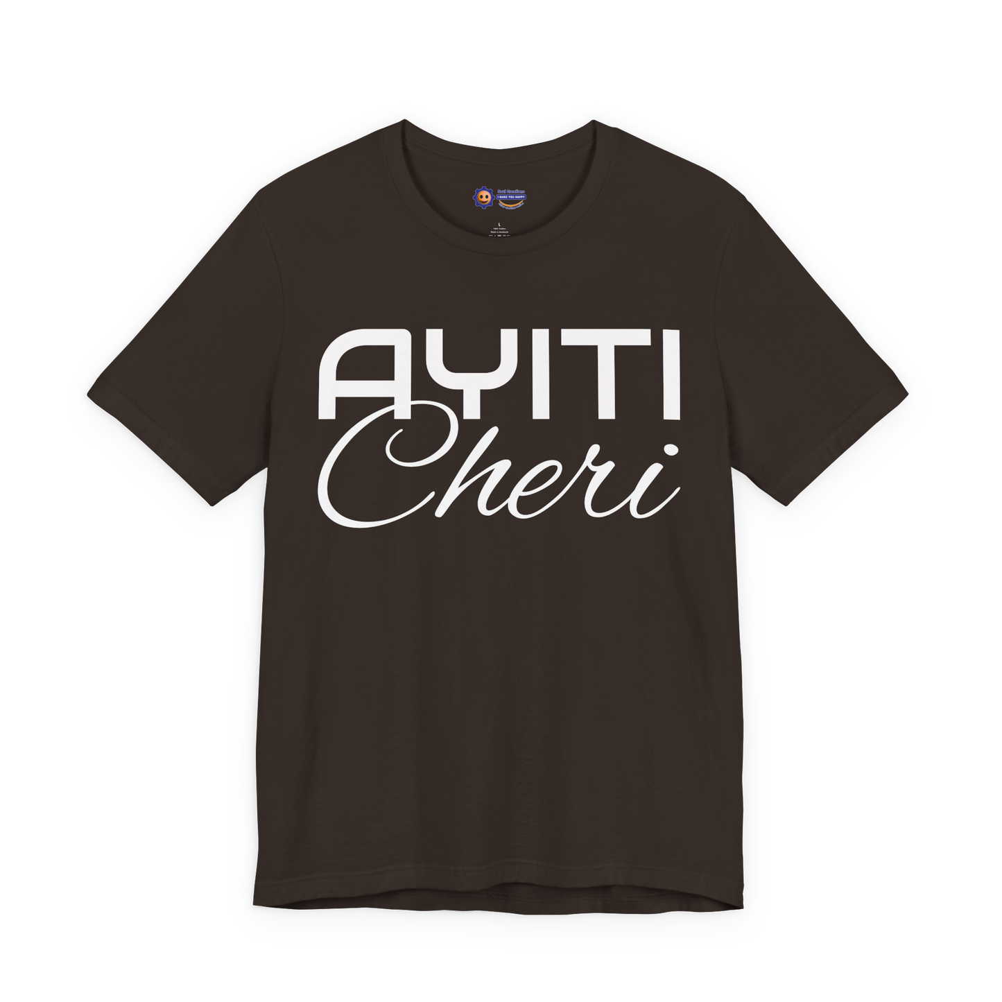 Brown t-shirt with 'AYITI Cheri' text on a white background