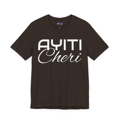 Brown t-shirt with 'AYITI Cheri' text on a white background