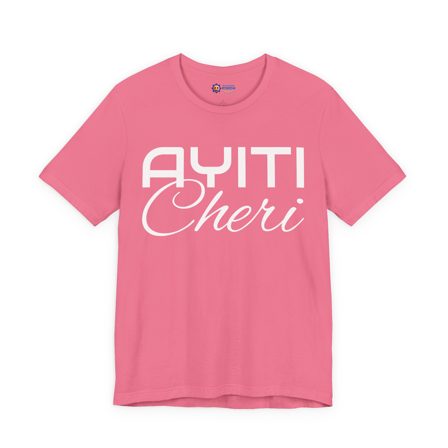 Charity Pink t-shirt with 'Ayiti Cheri' text on a white background