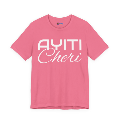 Charity Pink t-shirt with 'Ayiti Cheri' text on a white background