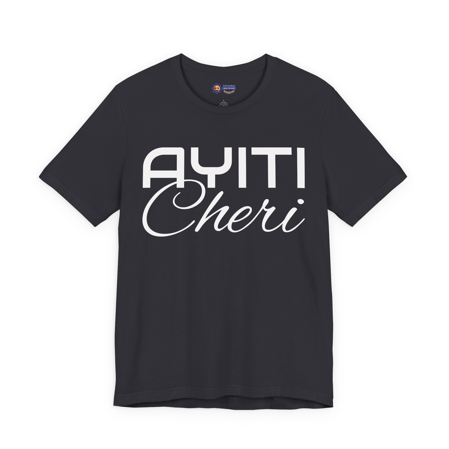 Dark Grey t-shirt with 'Ayiti Cheri' text on a white background