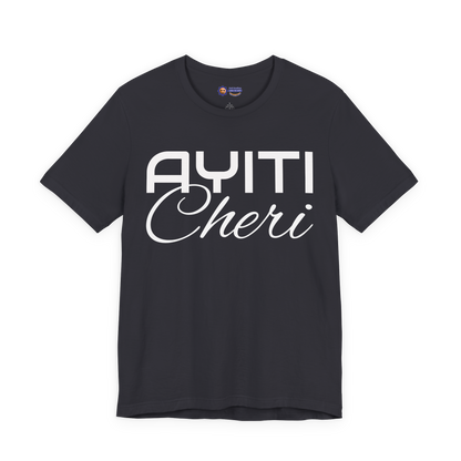 Dark Grey t-shirt with 'Ayiti Cheri' text on a white background