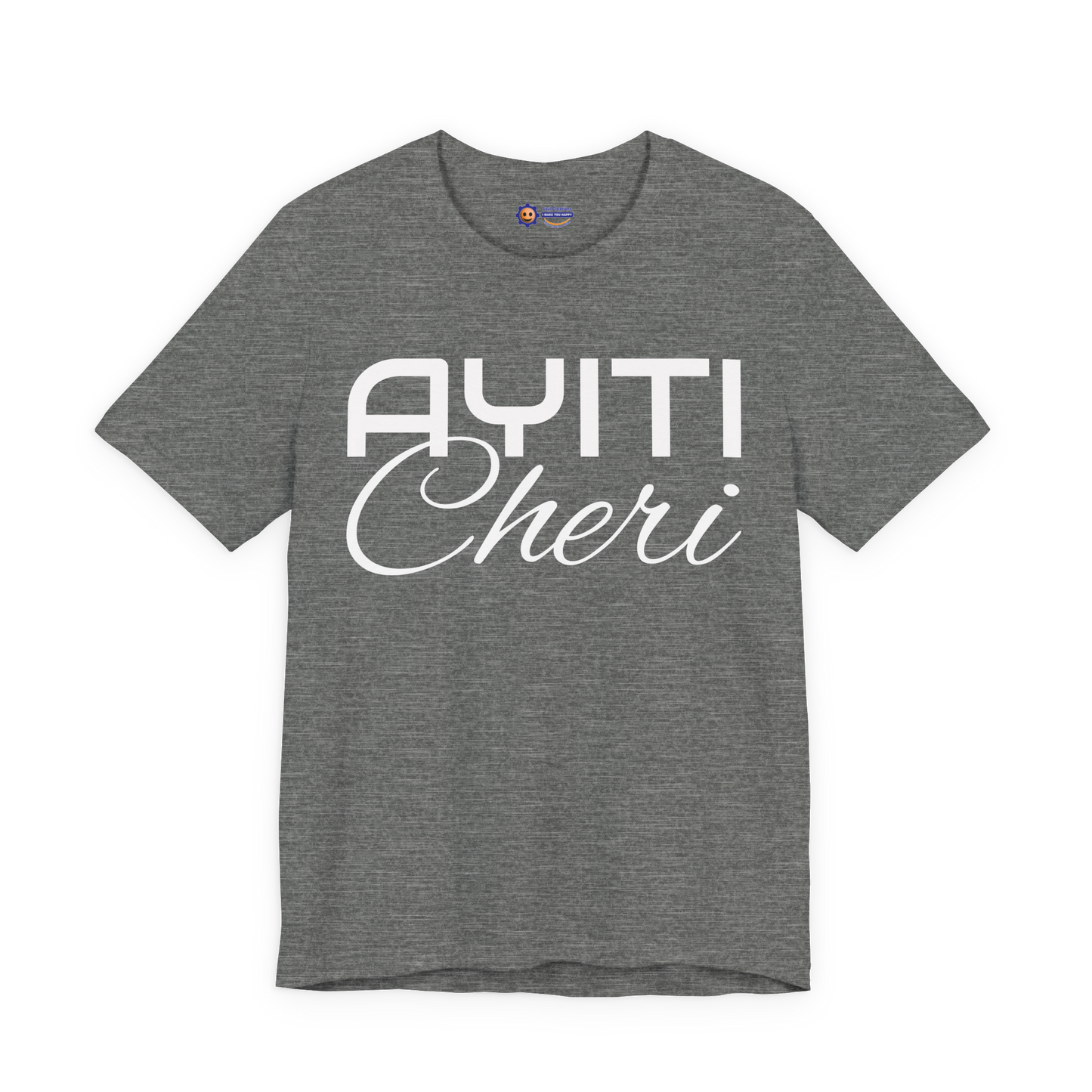 Deep Heather t-shirt with 'Ayiti Cheri' text on a white background