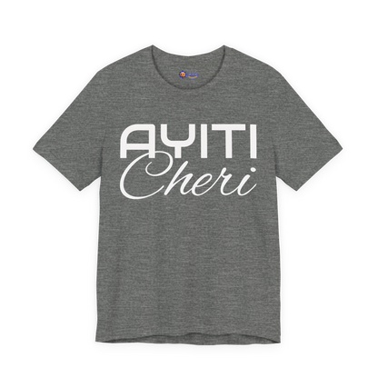 Deep Heather t-shirt with 'Ayiti Cheri' text on a white background