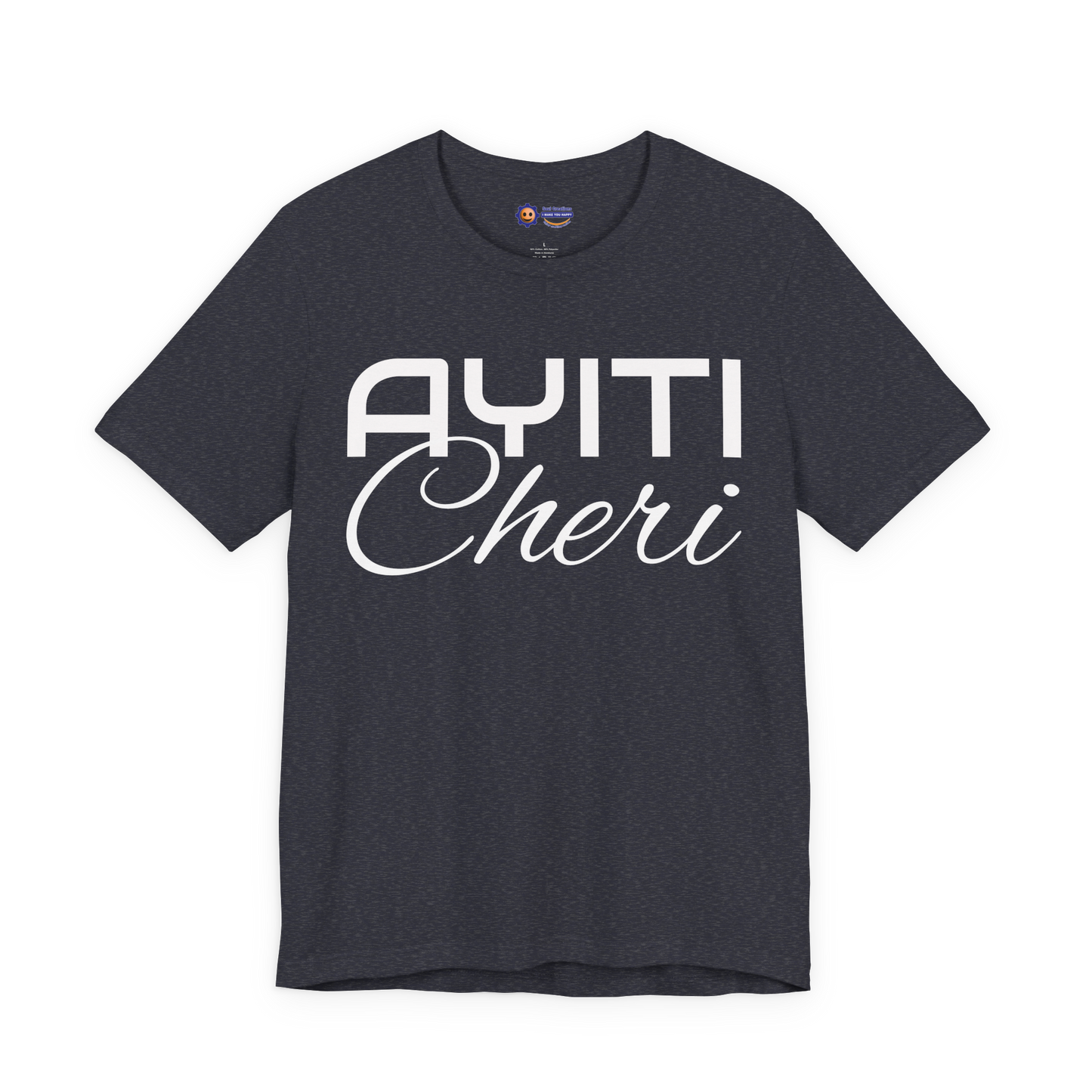 Heather Navy t-shirt with 'Ayiti Cheri' text on a white background