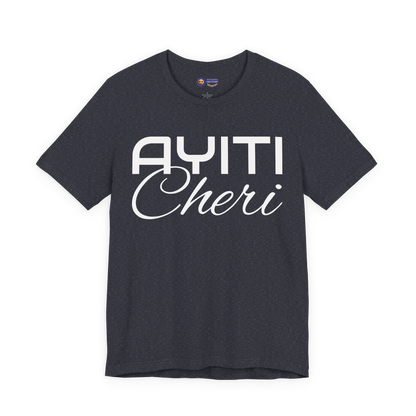 Heather Navy t-shirt with 'Ayiti Cheri' text on a white background