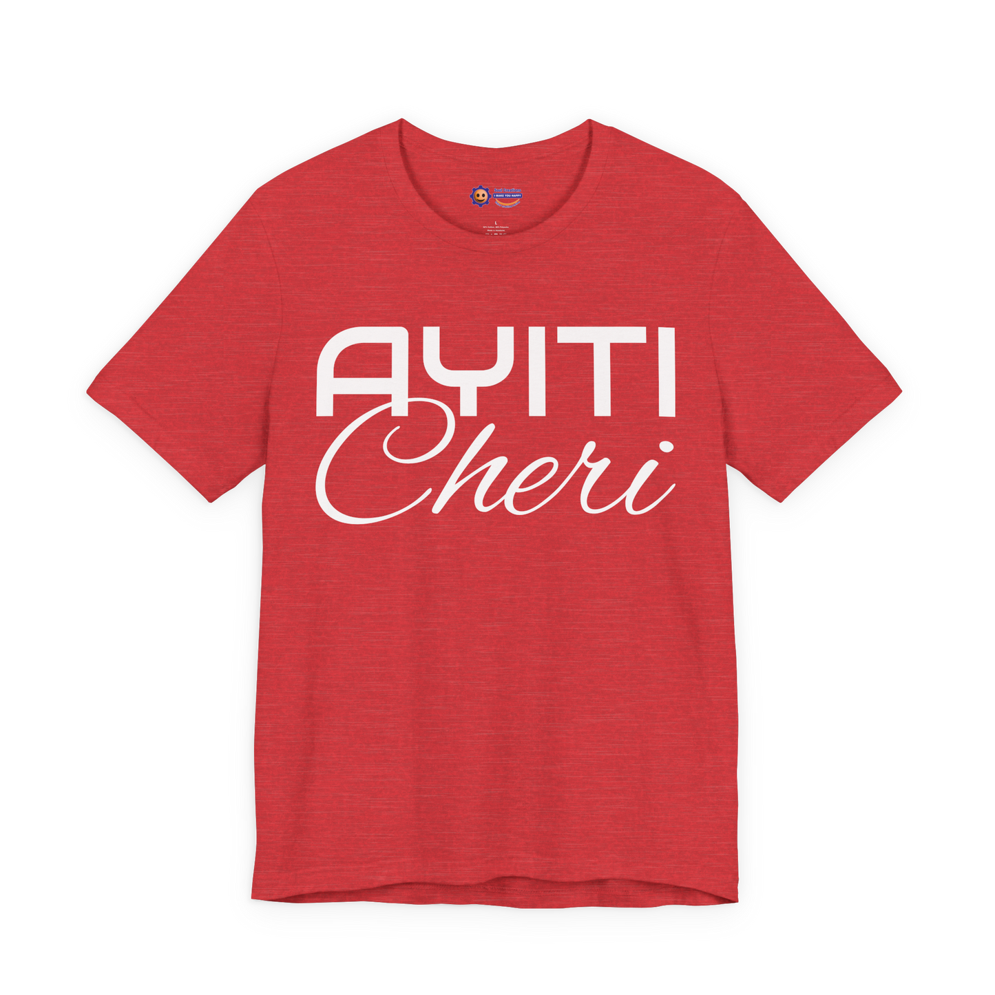 Heather Red t-shirt with 'Ayiti Cheri' text on a white background