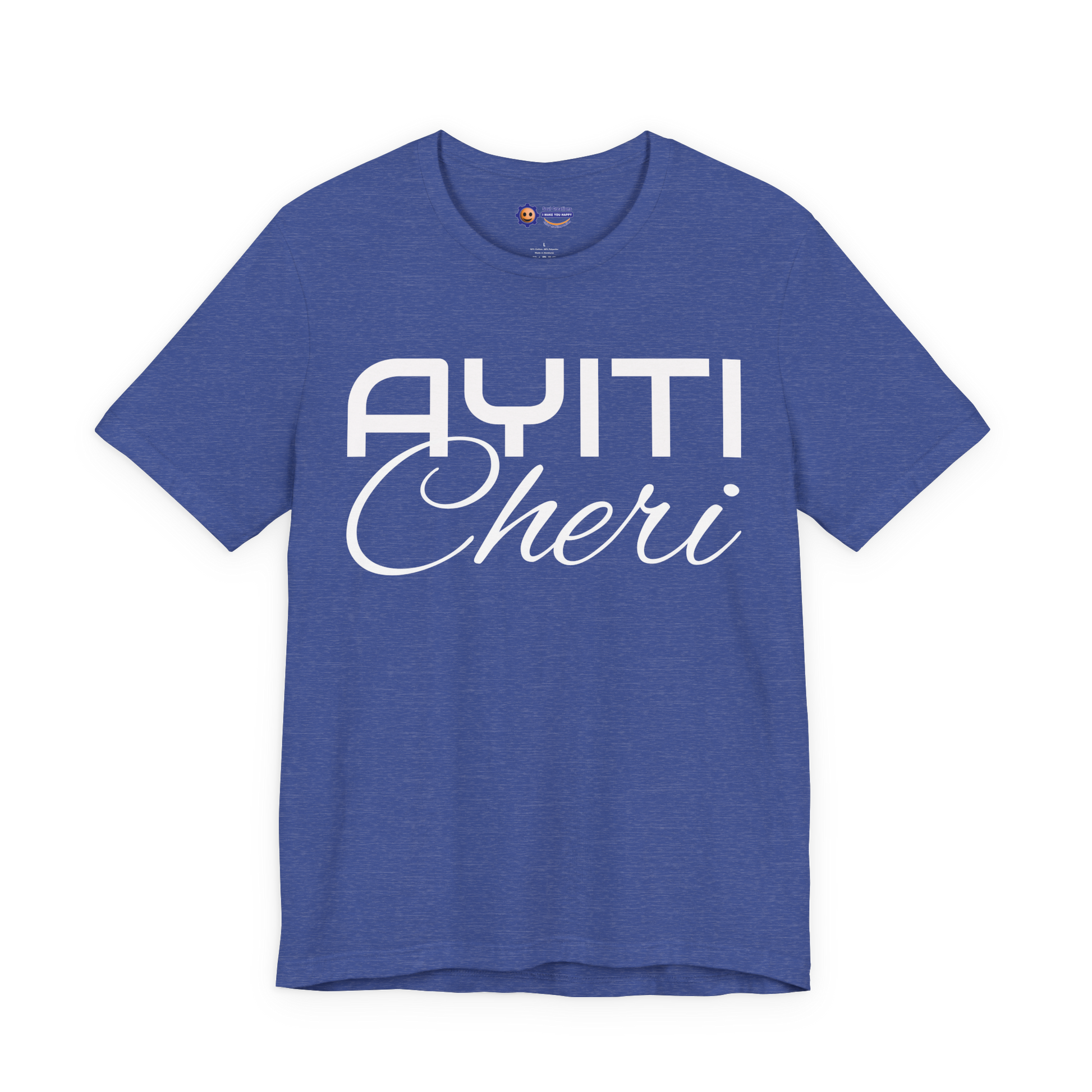 Heather True Royal t-shirt with 'Ayiti Cheri' text on a white background