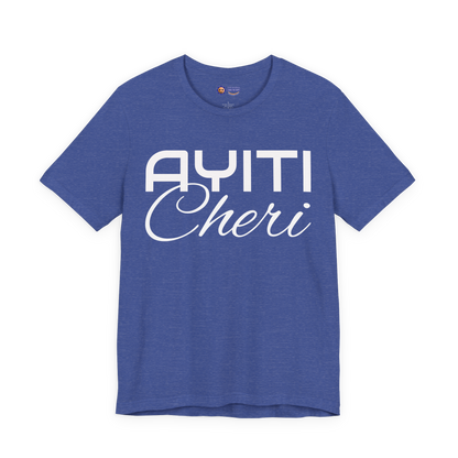 Heather True Royal t-shirt with 'Ayiti Cheri' text on a white background