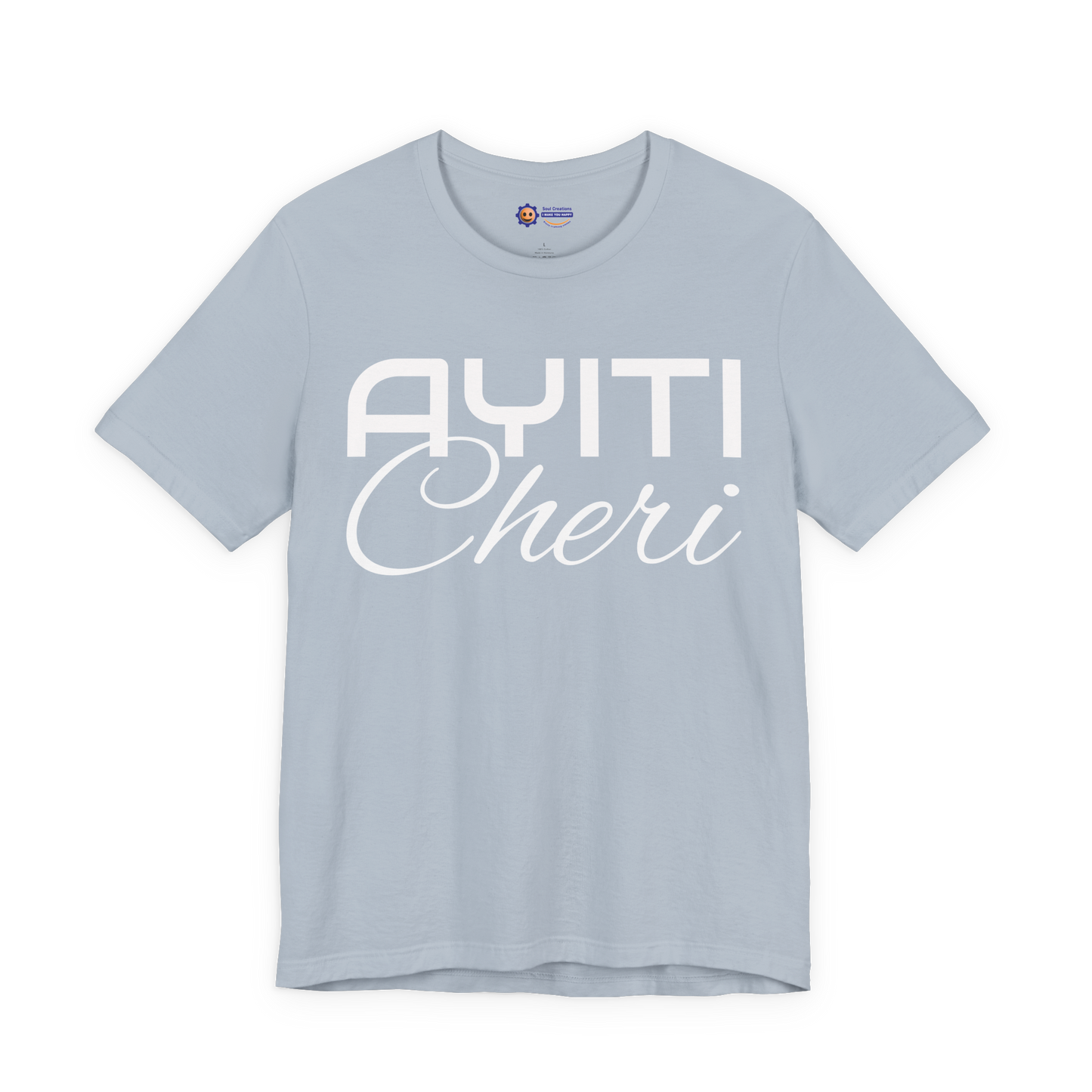 Light blue t-shirt with 'Ayiti Cheri' text on a white background