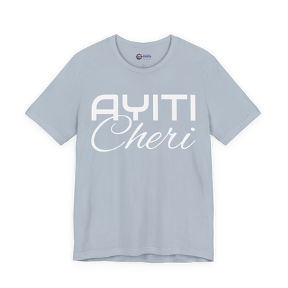 Light blue t-shirt with 'Ayiti Cheri' text on a white background