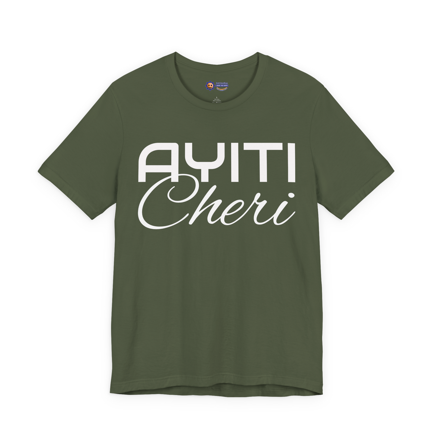 Military Green t-shirt with 'Ayiti Cheri' text on a white background