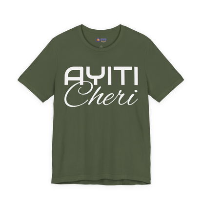 Military Green t-shirt with 'Ayiti Cheri' text on a white background