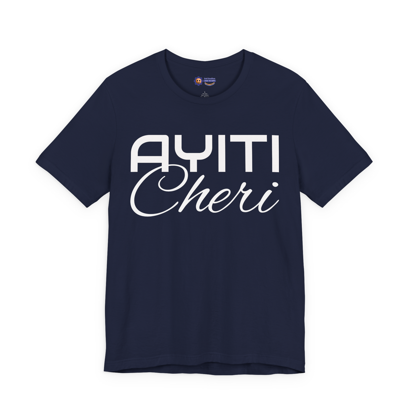 Navy blue t-shirt with 'AYITI Cheri' text on a white background