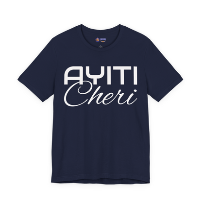 Navy blue t-shirt with 'AYITI Cheri' text on a white background