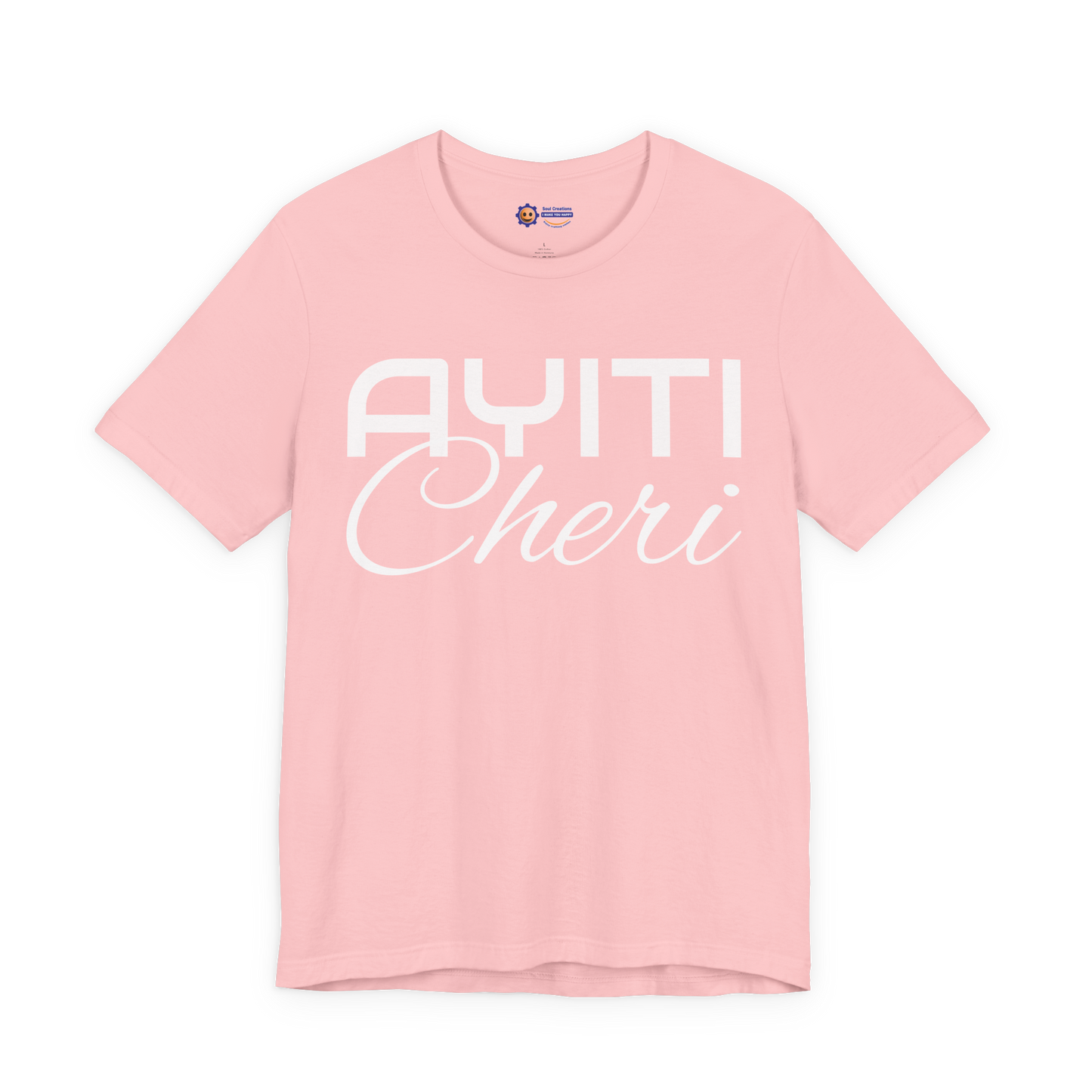 Pink t-shirt with 'Ayiti Cheri' text on a white background