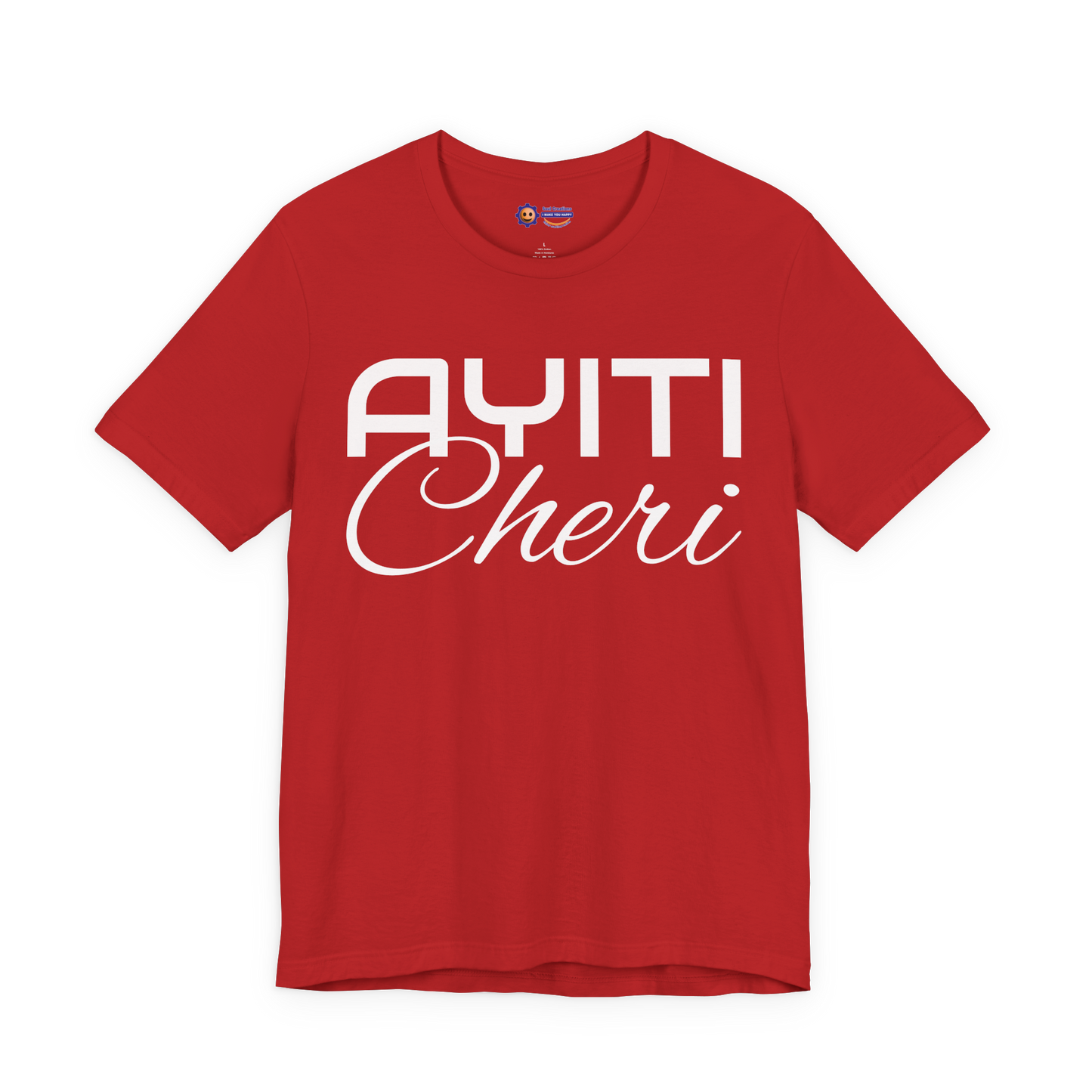 Red t-shirt with 'Ayiti Cheri' text on a white background