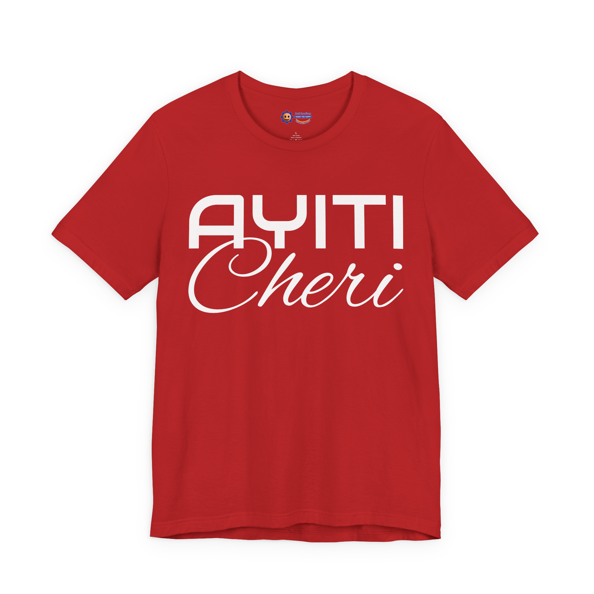 Red t-shirt with 'Ayiti Cheri' text on a white background