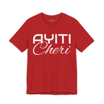 Red t-shirt with 'Ayiti Cheri' text on a white background