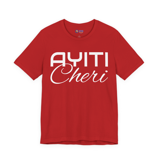 Red t-shirt with 'Ayiti Cheri' text on a white background