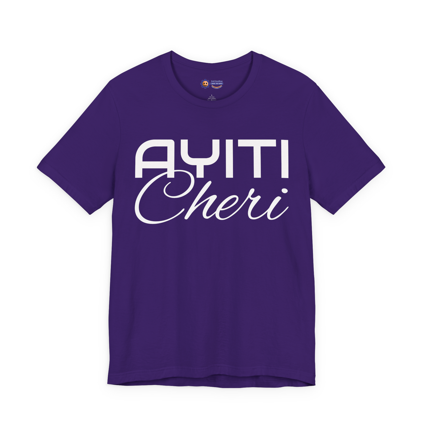 Team Purple t-shirt with 'AYITI Cheri' text on a white background