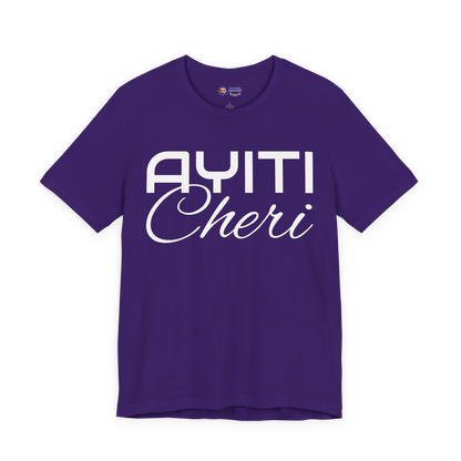 Team Purple t-shirt with 'AYITI Cheri' text on a white background