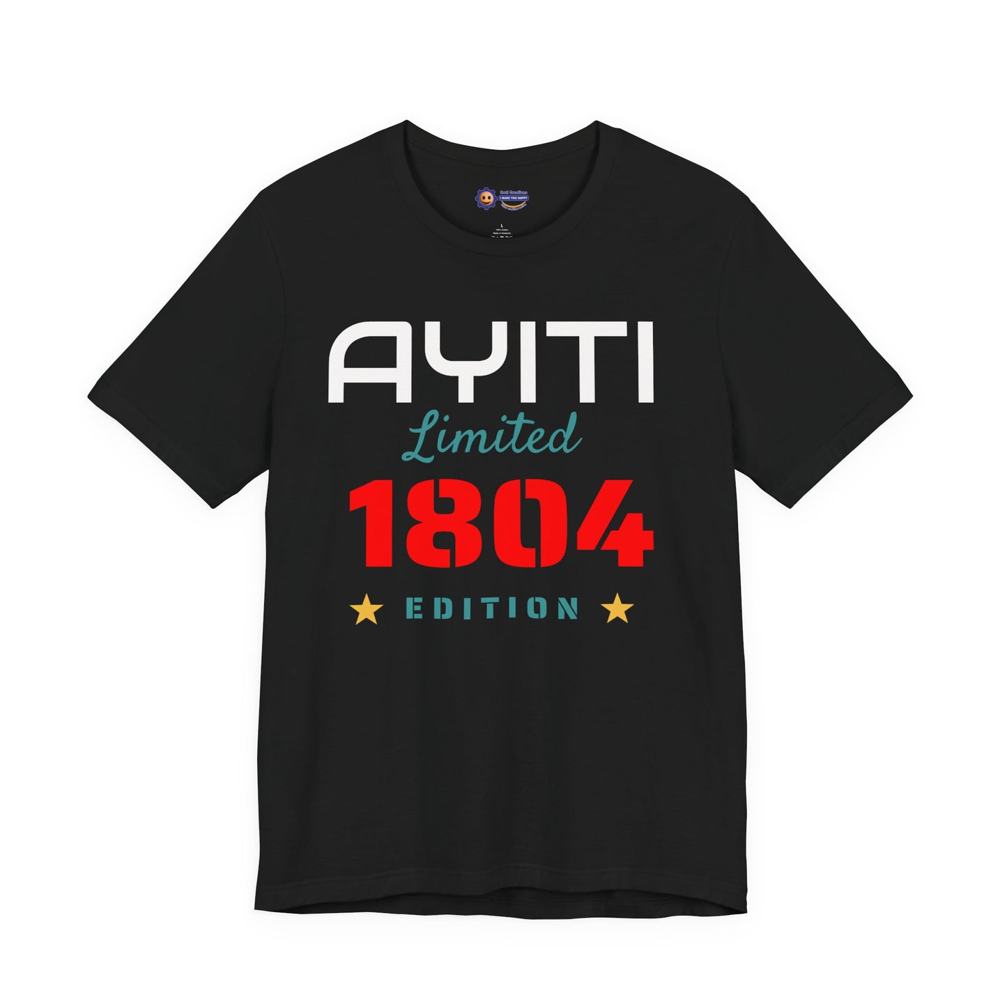 Black t-shirt with 'Ayiti Limited 1804 Edition' text on a white background