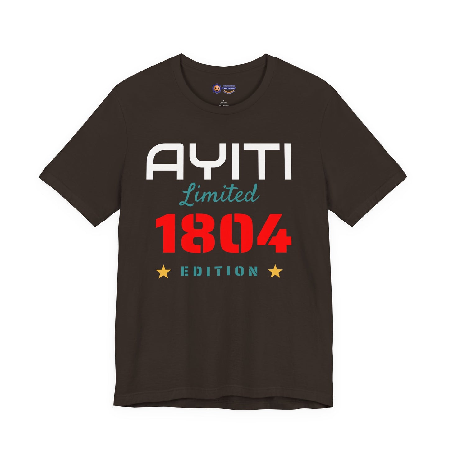 Brown t-shirt with 'Ayiti Limited 1804 Edition' text on a white background