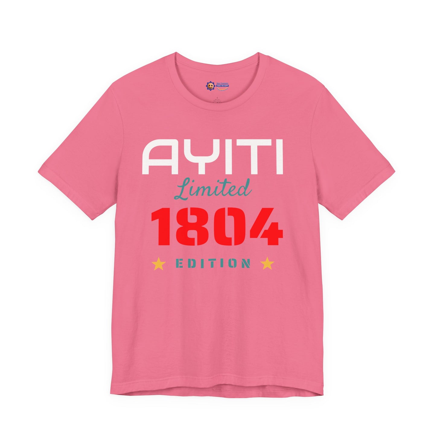 Charity Pink t-shirt with 'Ayiti Limited 1804 Edition' text on a white background