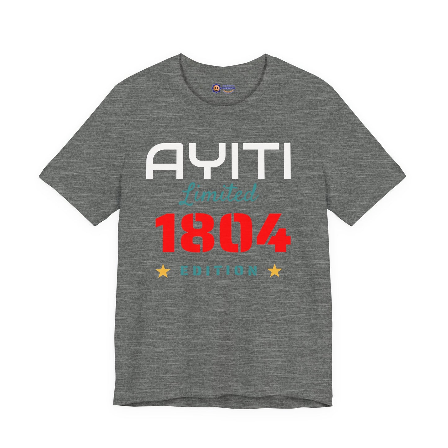 Gray t-shirt with 'Ayiti Limited 1804 Edition' text on a white background