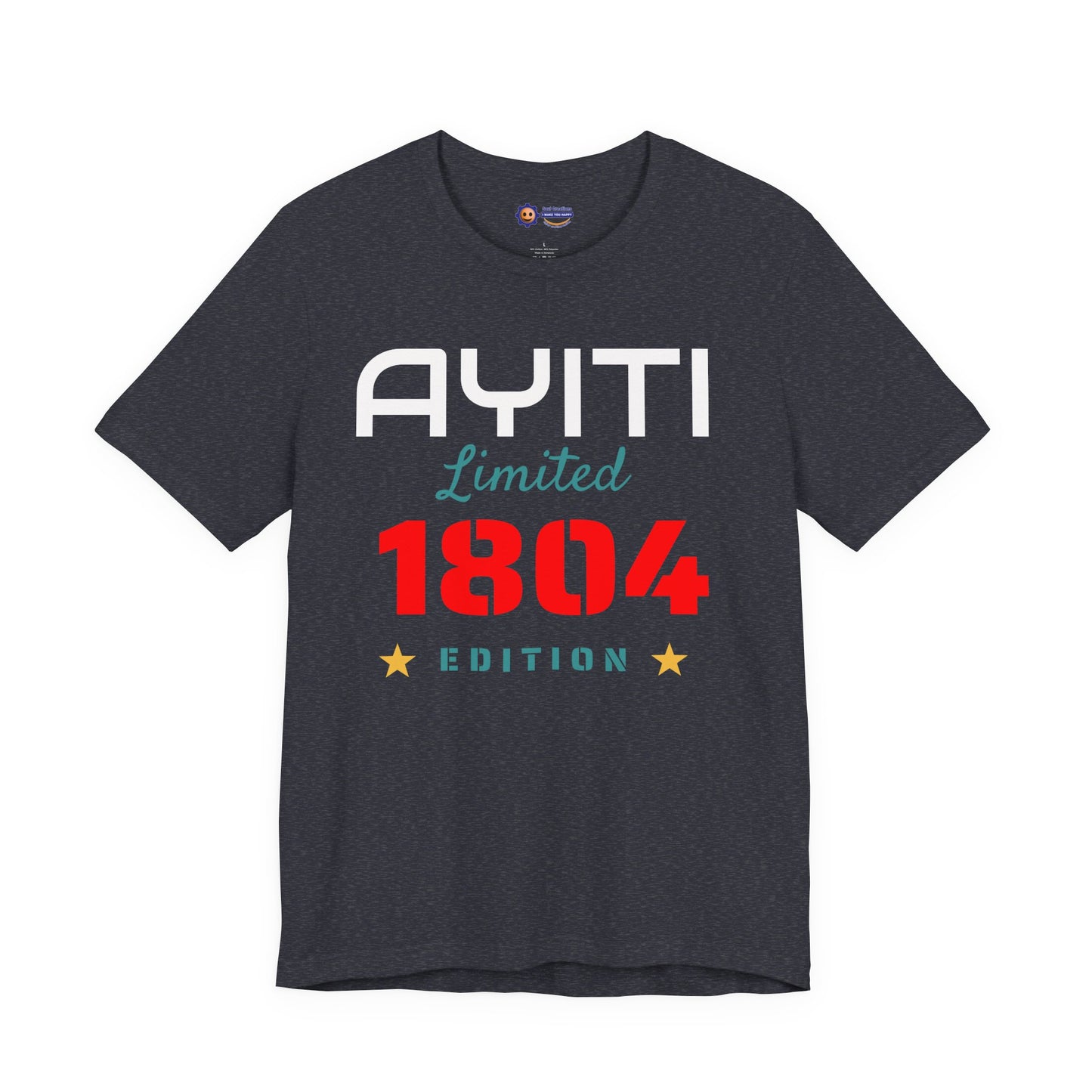 Heather Navy t-shirt with 'Ayiti Limited 1804 Edition' text on a white background