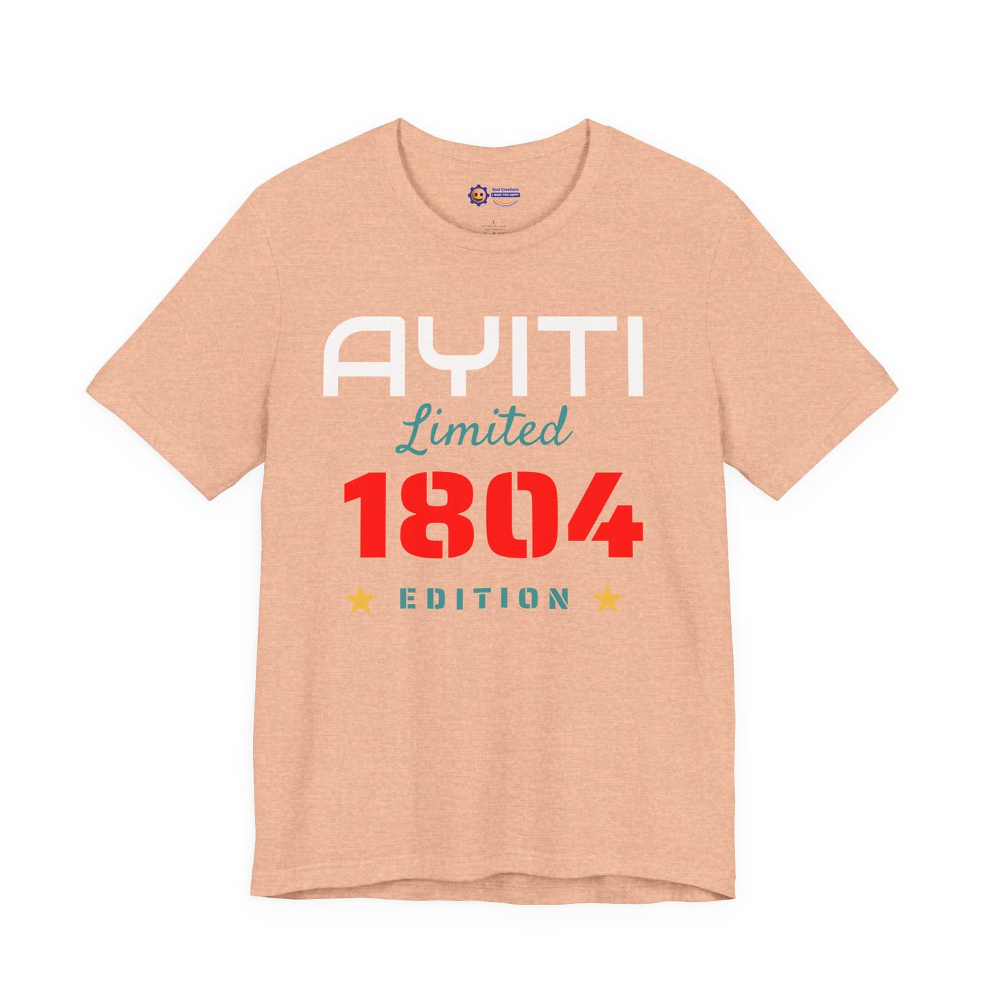 Heater Peach t-shirt with 'Ayiti Limited 1804 Edition' text on a white background