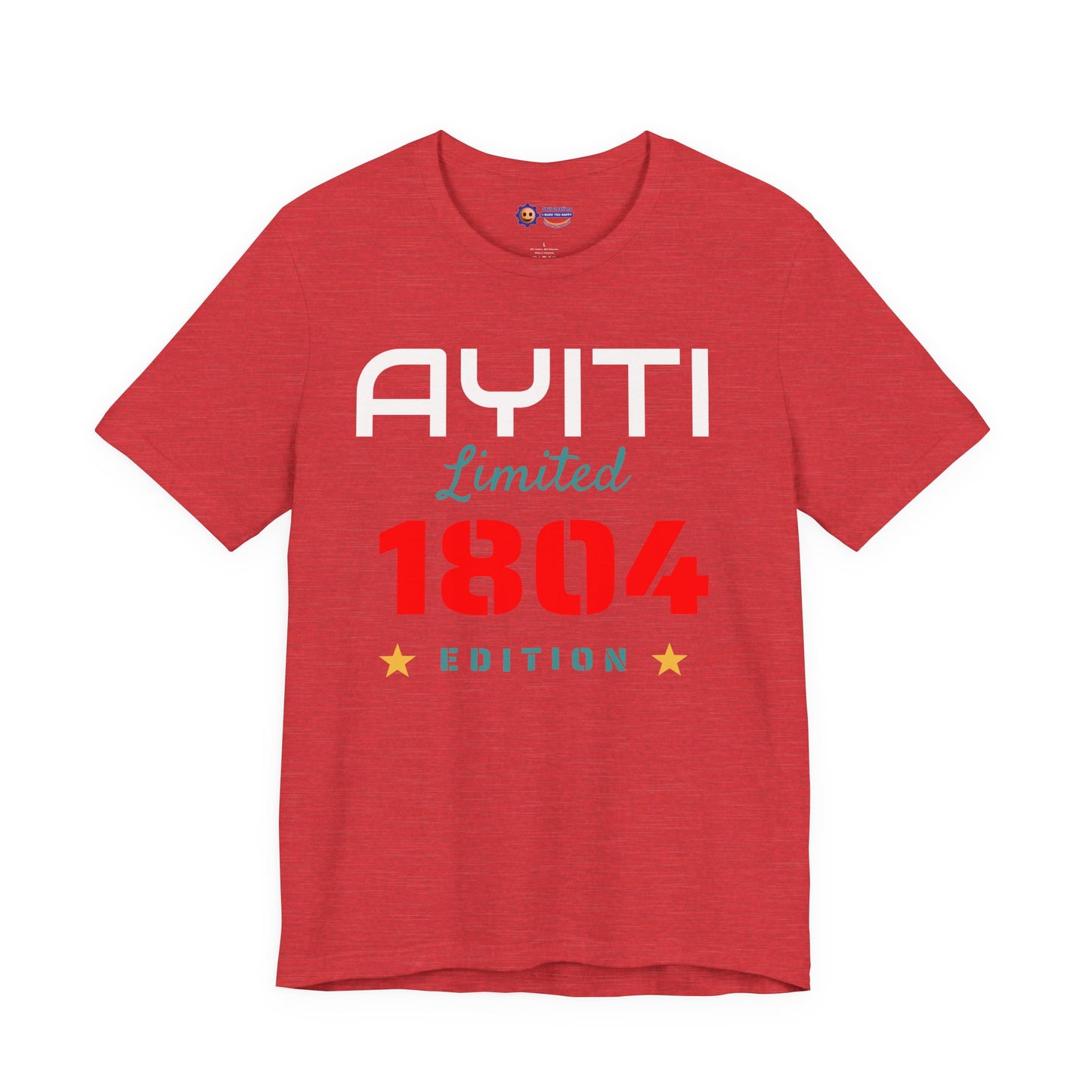 Heather Red t-shirt with 'Ayiti Limited 1804 Edition' text on a white background