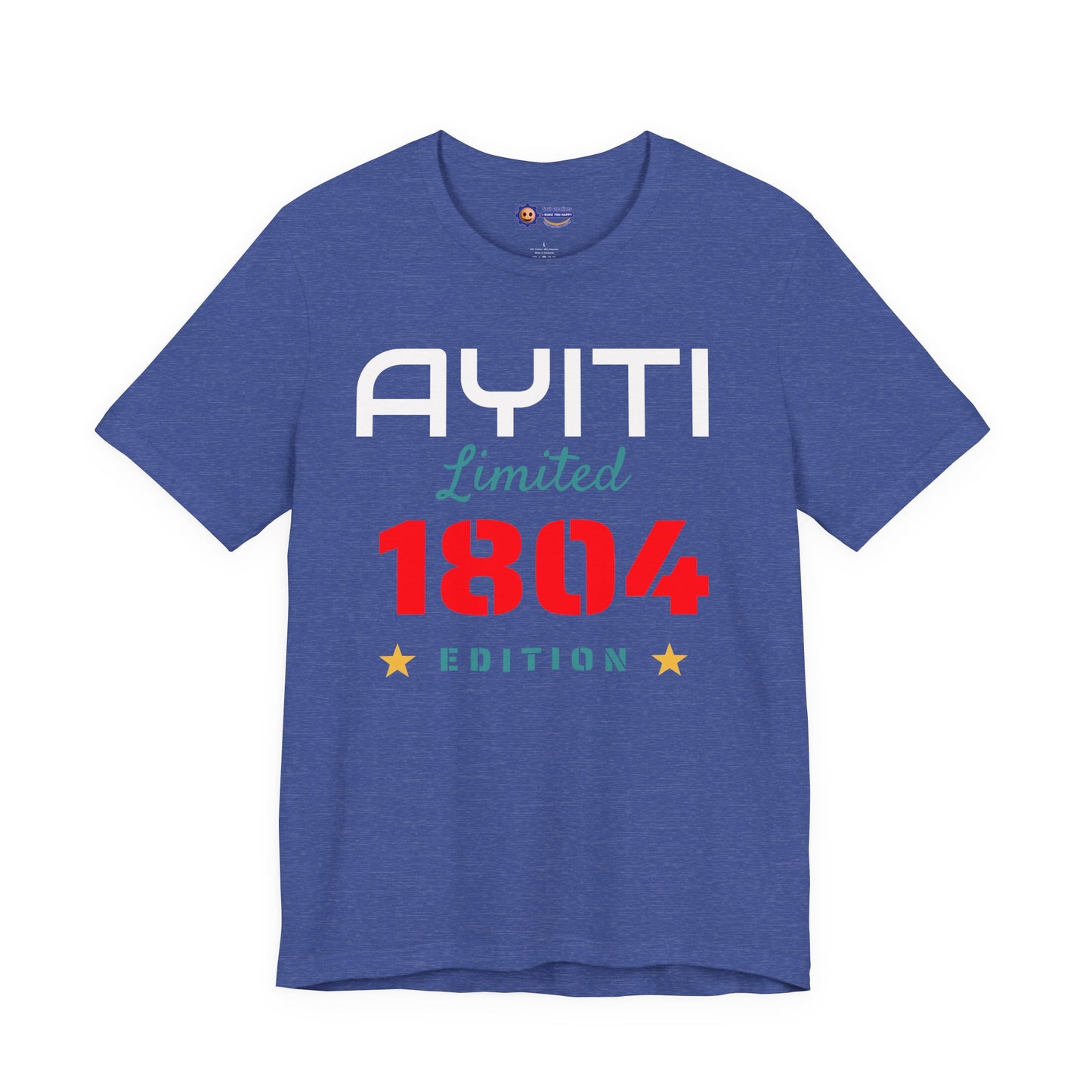 Heather True Royal t-shirt with 'Ayiti Limited 1804 Edition' text on a white background