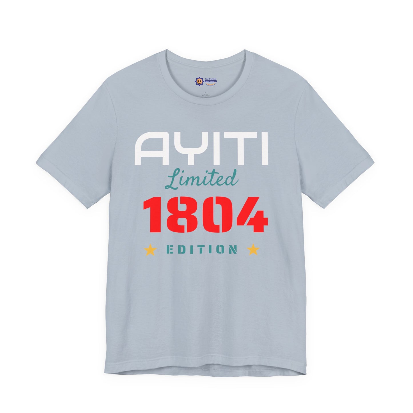 Light Blue t-shirt with 'Ayiti Limited 1804 Edition' text on a white background