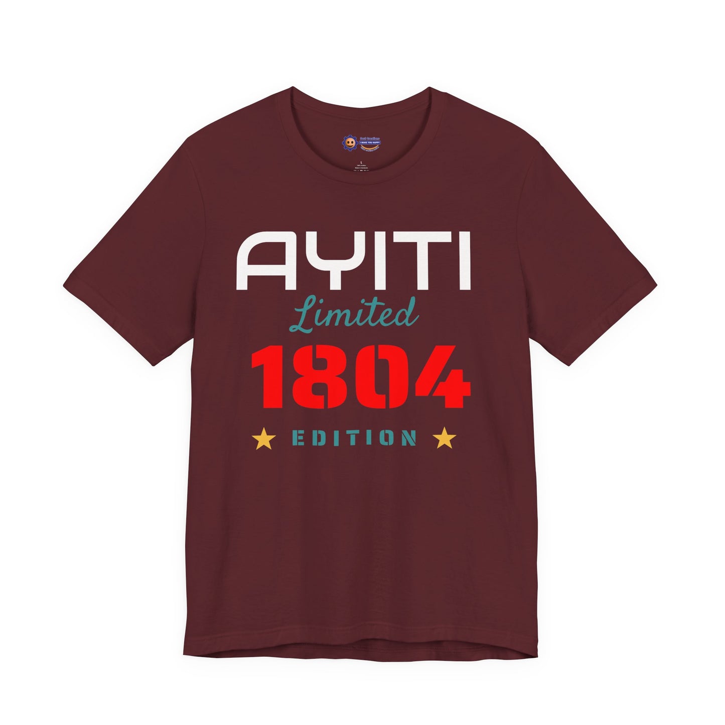 Maroon t-shirt with 'Ayiti Limited 1804 Edition' text on a white background