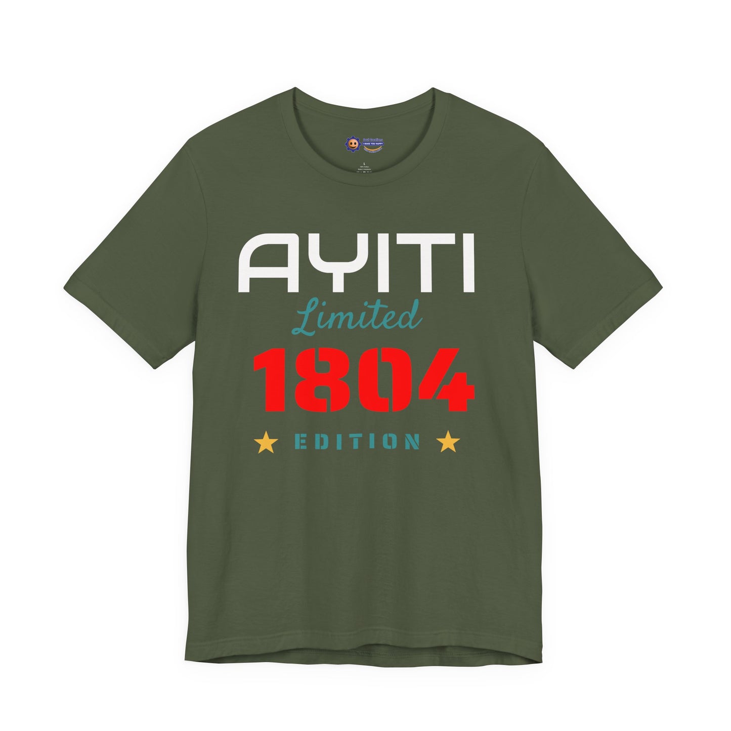 Military Green t-shirt with 'Ayiti Limited 1804 Edition' text on a white background