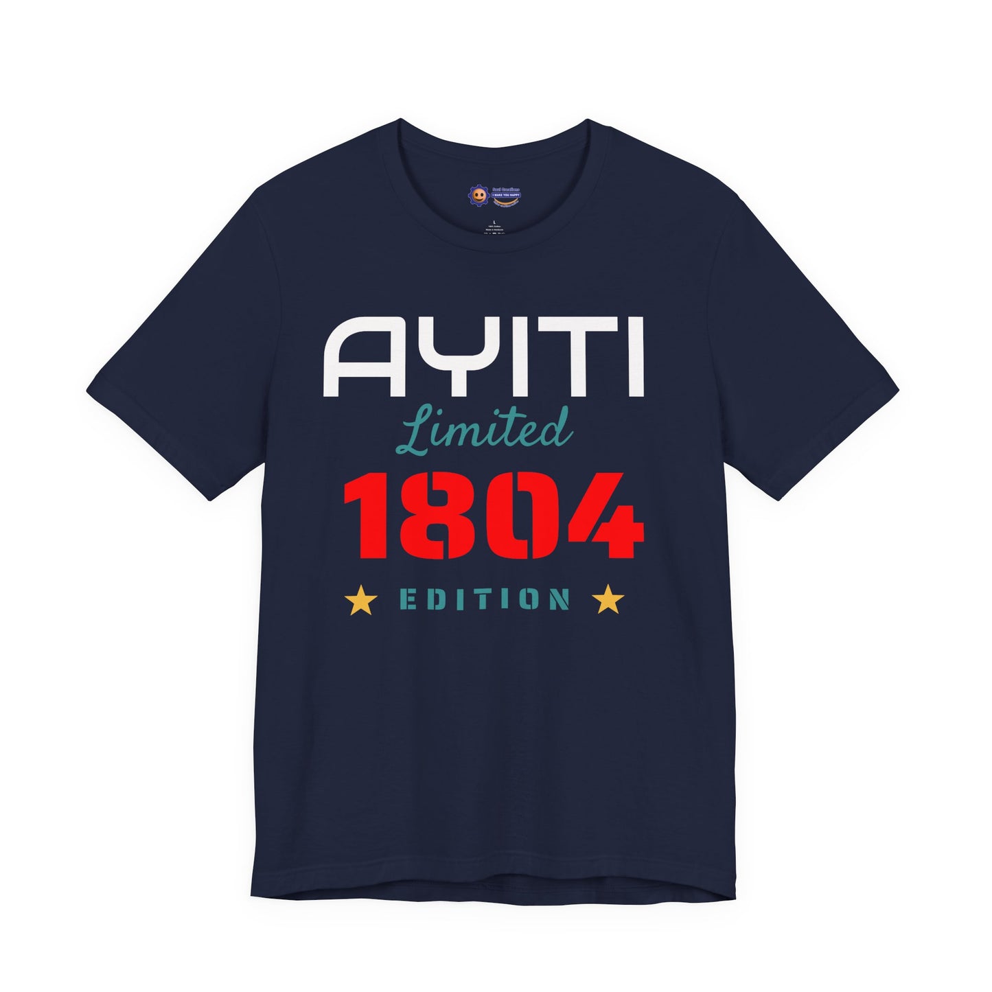 Navy t-shirt with 'Ayiti Limited 1804 Edition' text on a white background