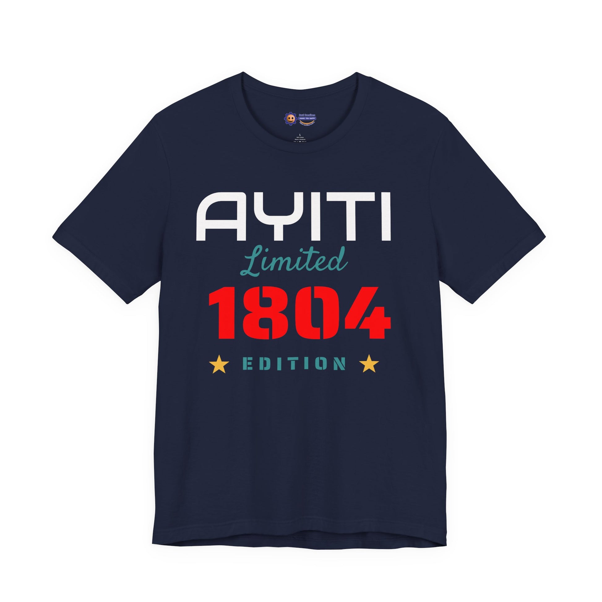 Navy t-shirt with 'Ayiti Limited 1804 Edition' text on a white background