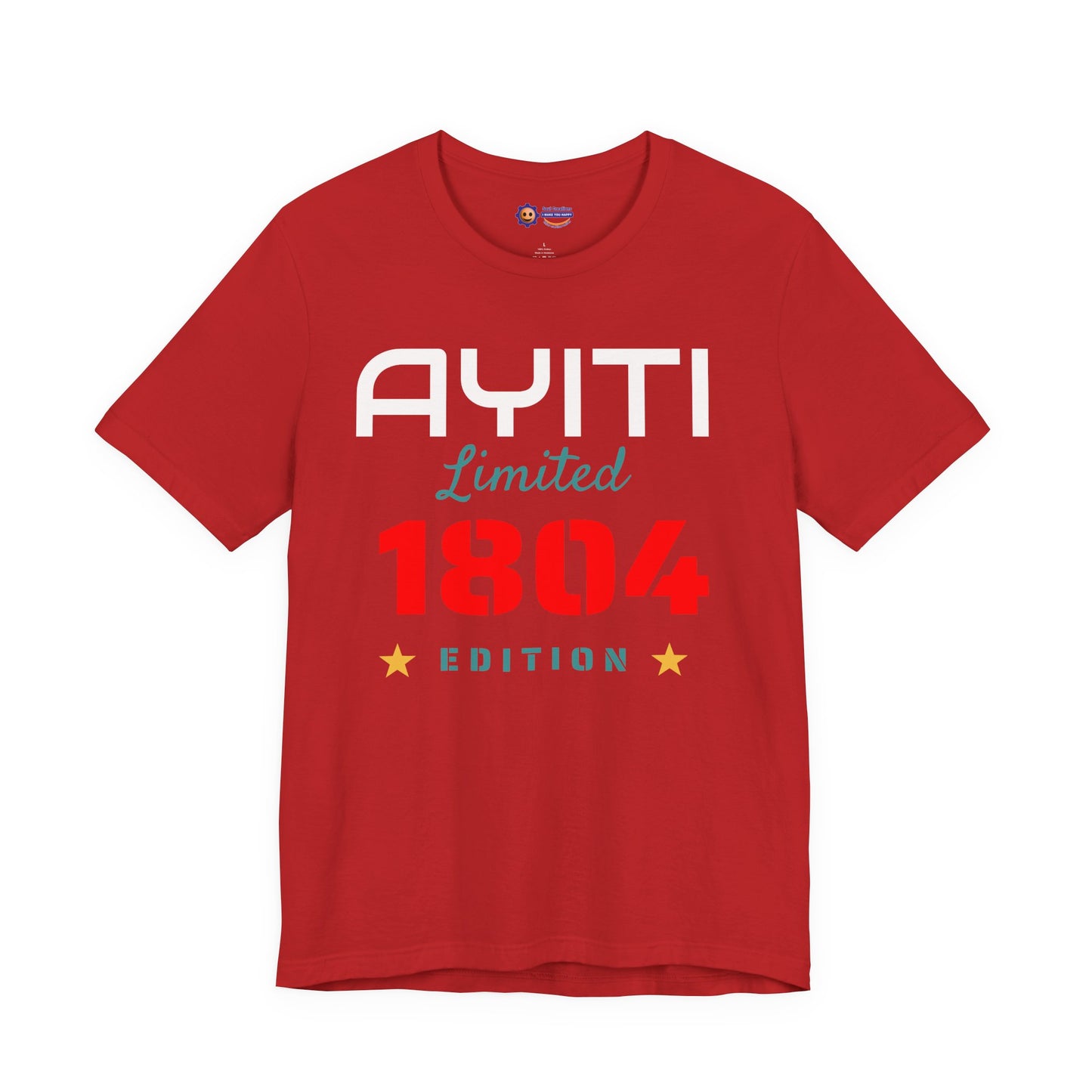 Red t-shirt with 'Ayiti Limited 1804 Edition' text on a white background