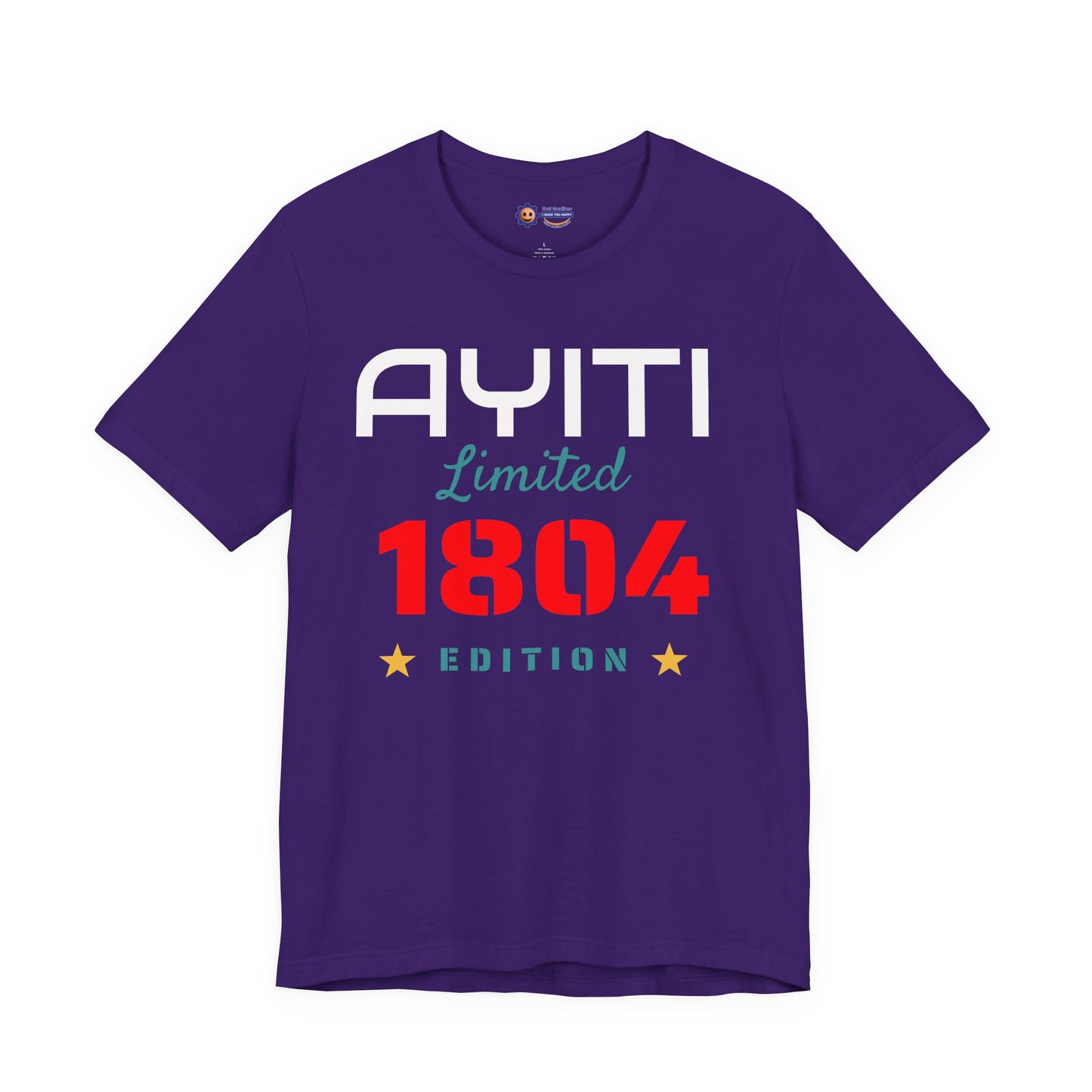 Team Purple t-shirt with 'Ayiti Limited 1804 Edition' text on a white background