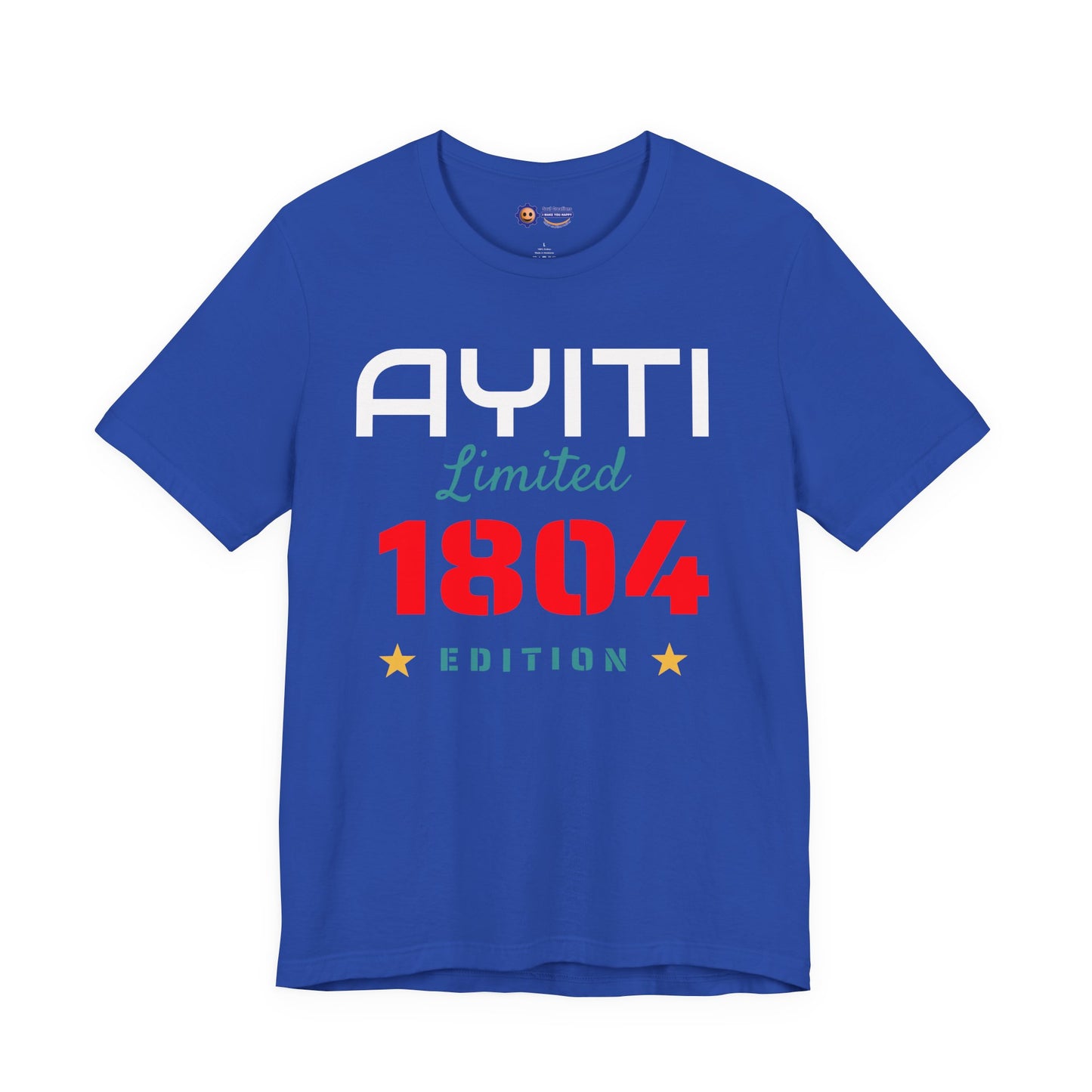 True Royal t-shirt with 'Ayiti Limited 1804 Edition' text on a white background