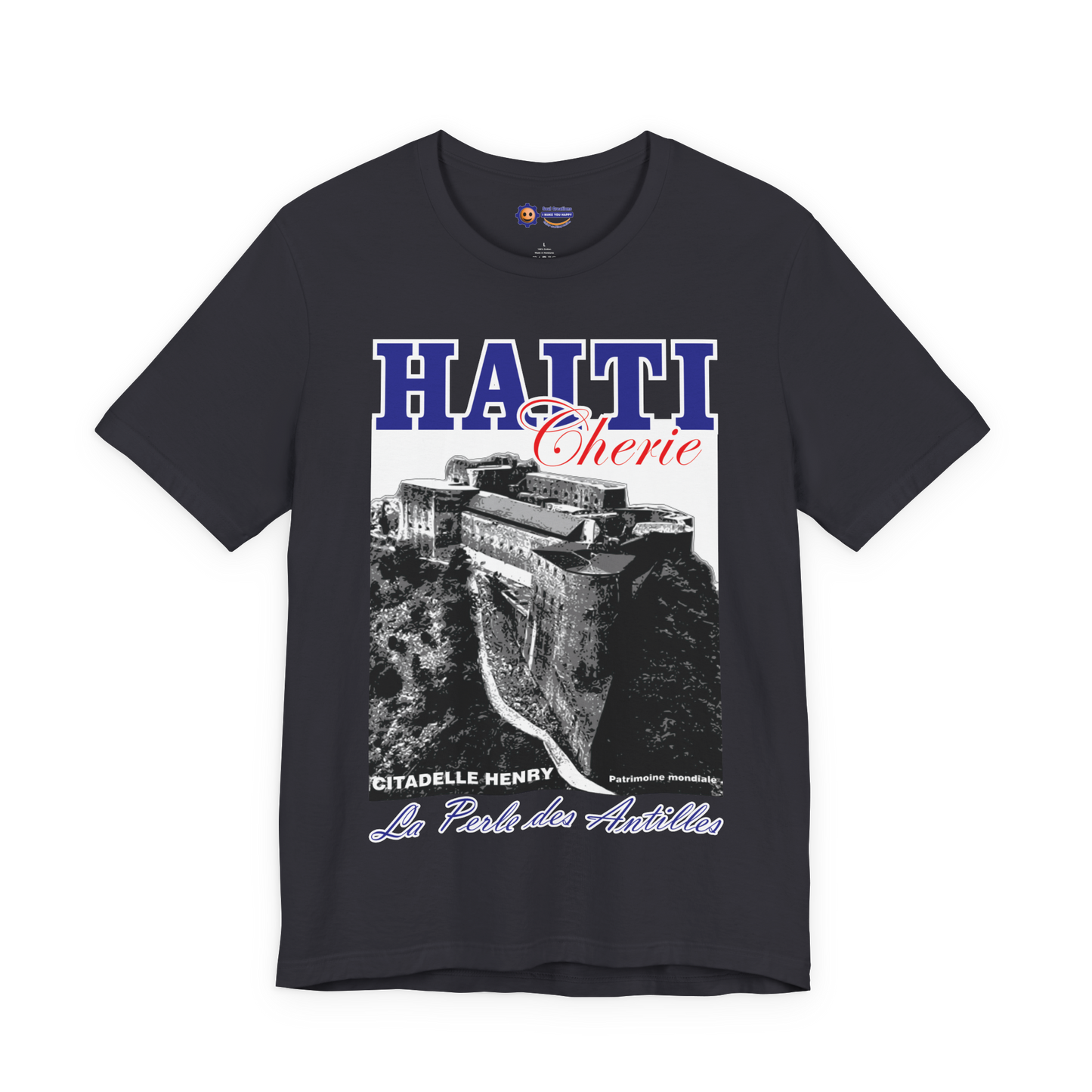 Darck Gray t-shirt with Haiti-themed graphic design on a white background