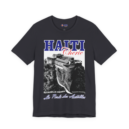 Darck Gray t-shirt with Haiti-themed graphic design on a white background