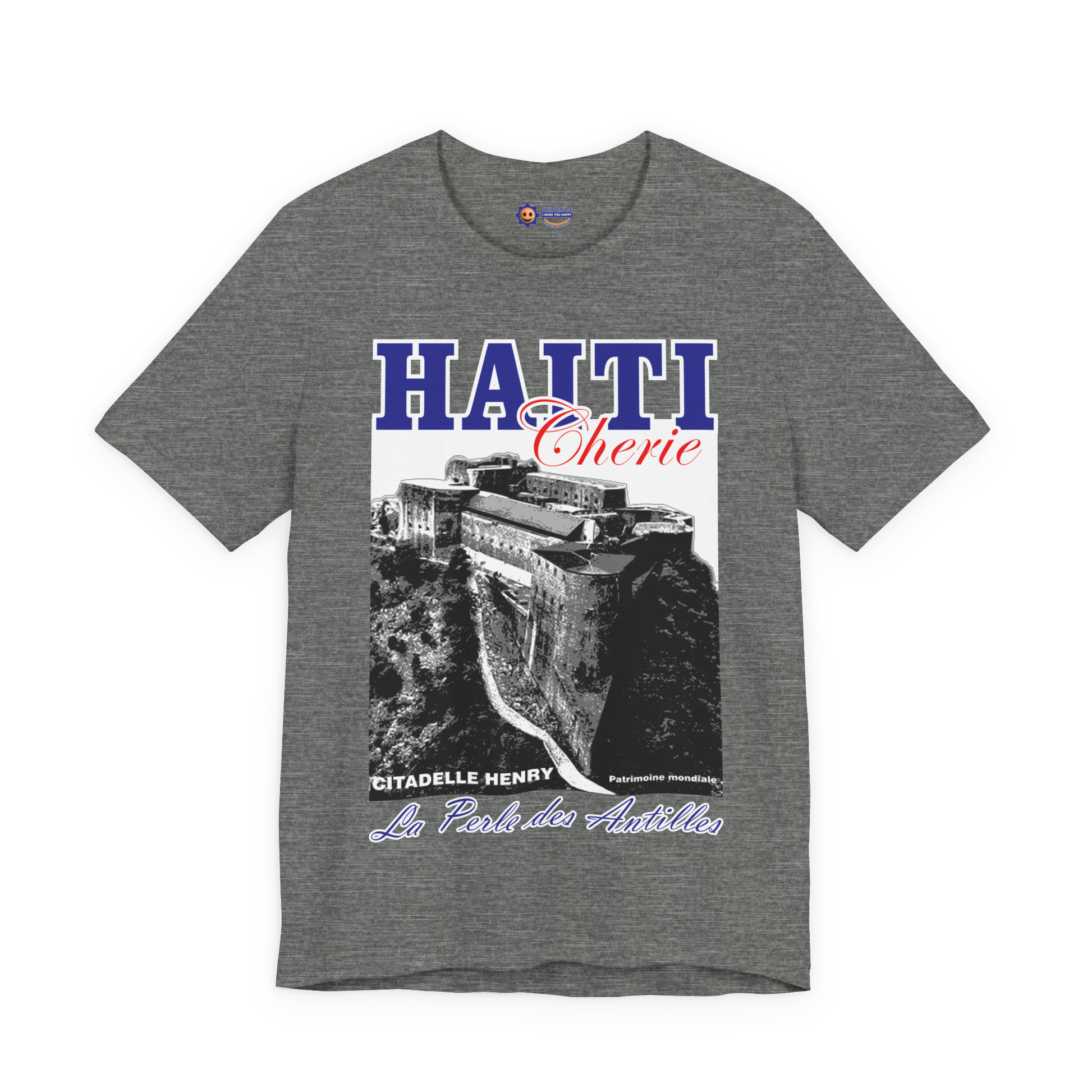 Gray t-shirt with Haiti-themed graphic design on a white background