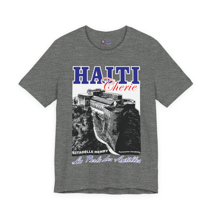 Gray t-shirt with Haiti-themed graphic design on a white background