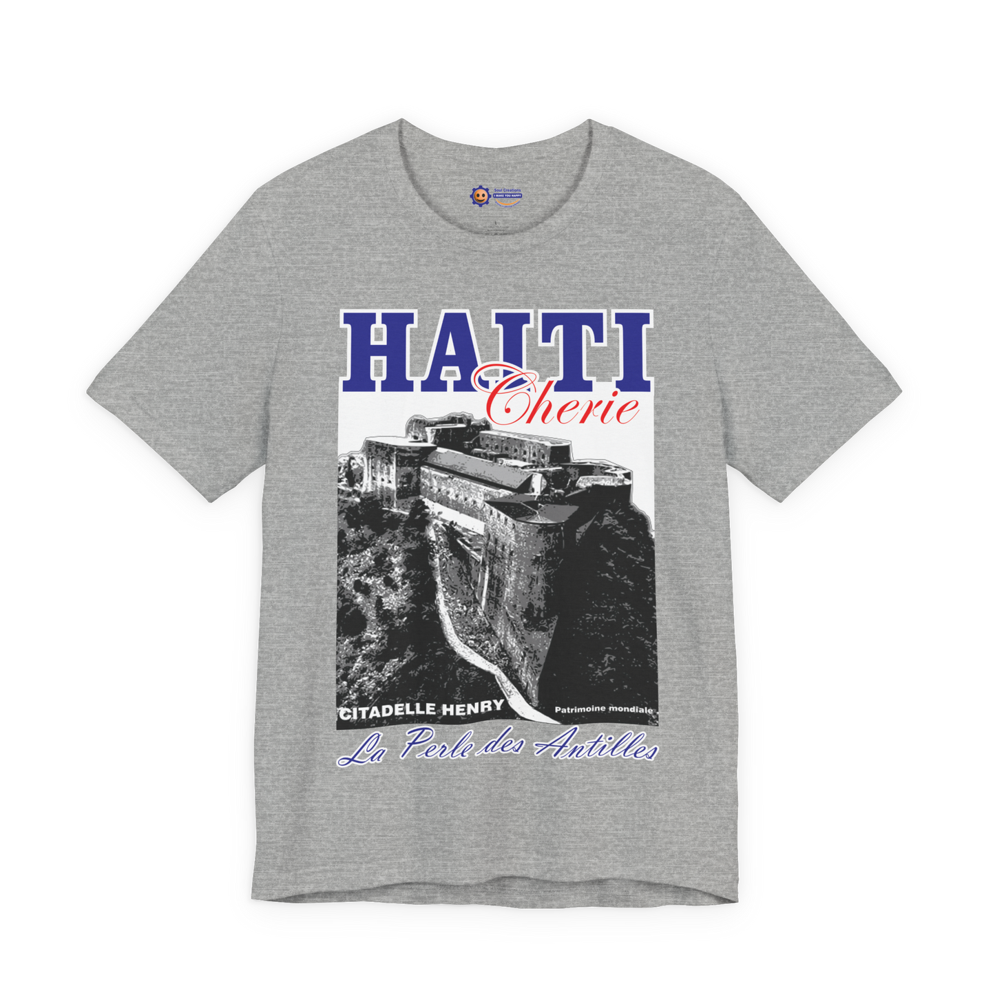 Athletic Heather t-shirt with Haiti-themed design featuring a castle and text on a white background