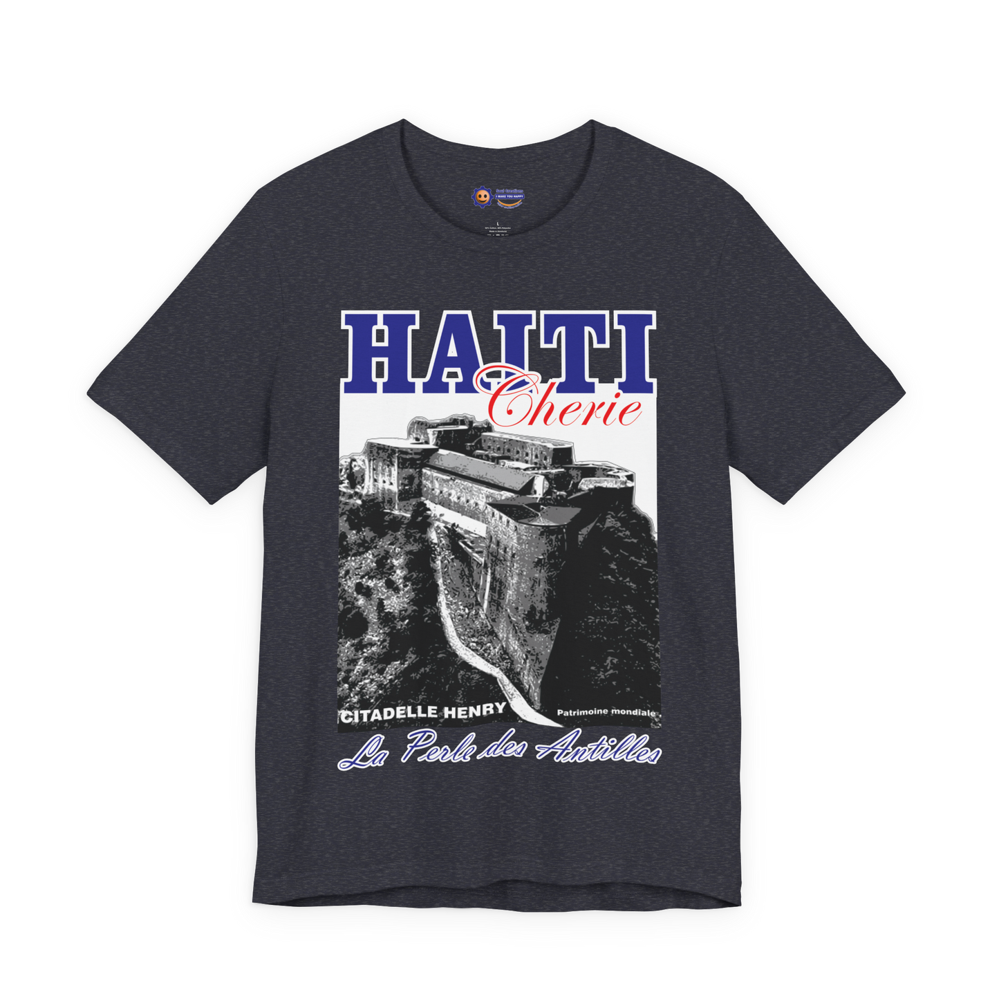 Heather Navy t-shirt with Haiti-themed graphic design on a white background