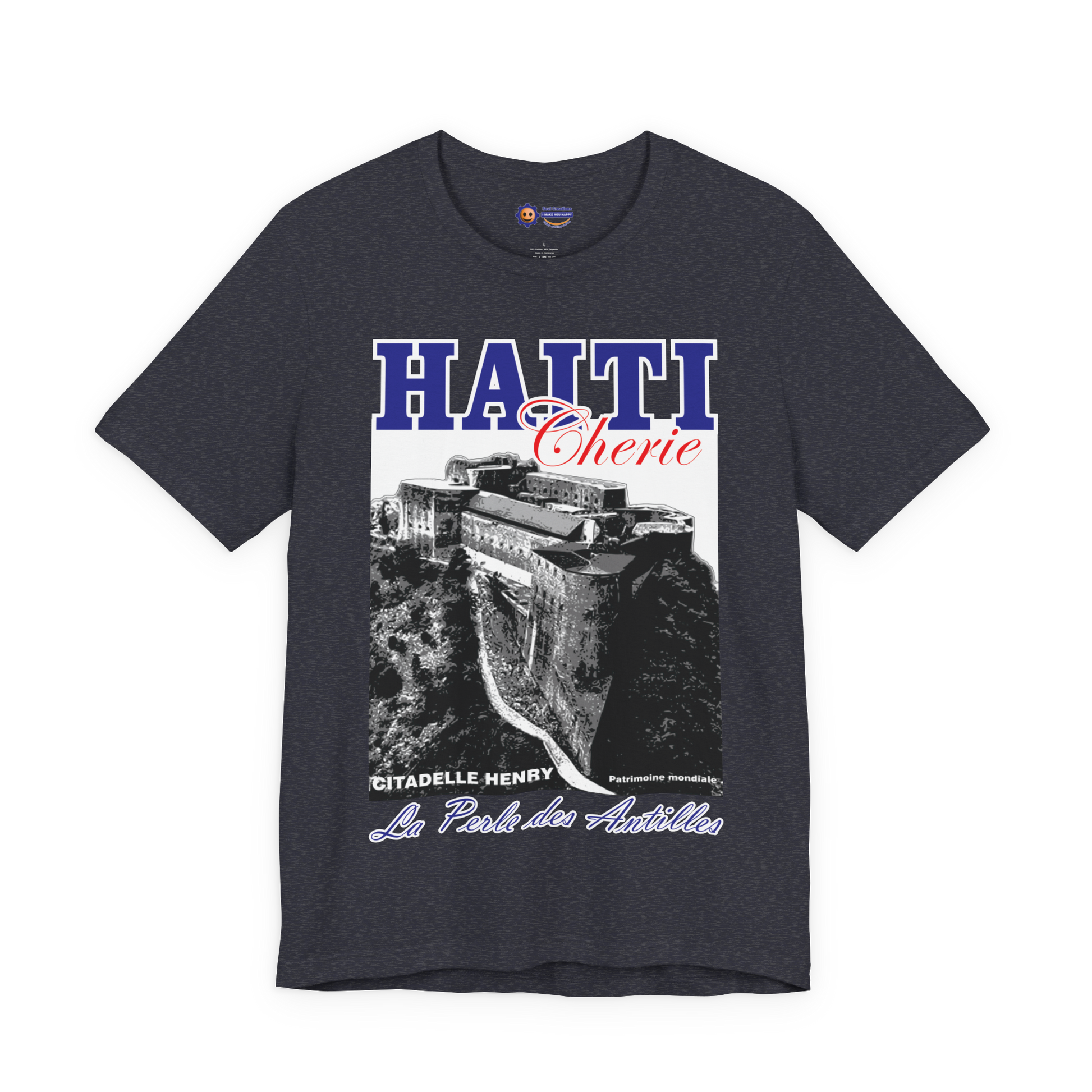 Heather Navy t-shirt with Haiti-themed graphic design on a white background
